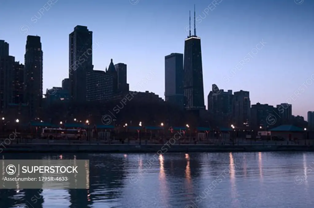 Skyline at sunrise with Lake Michigan Chicago Illinois USA