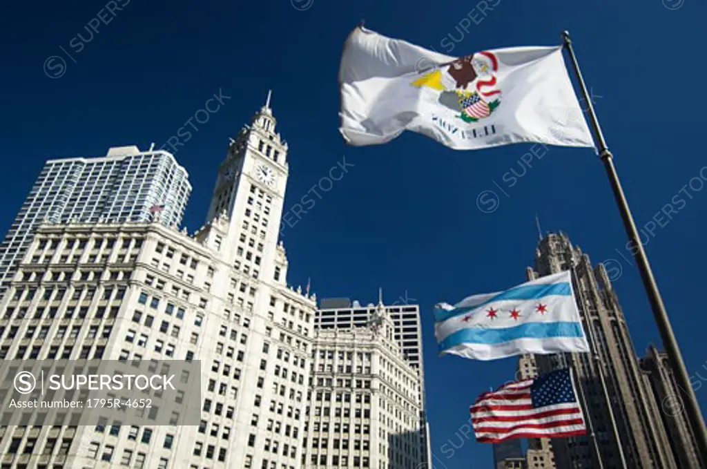 Wrigley Building with flags Chicago Illinois USA