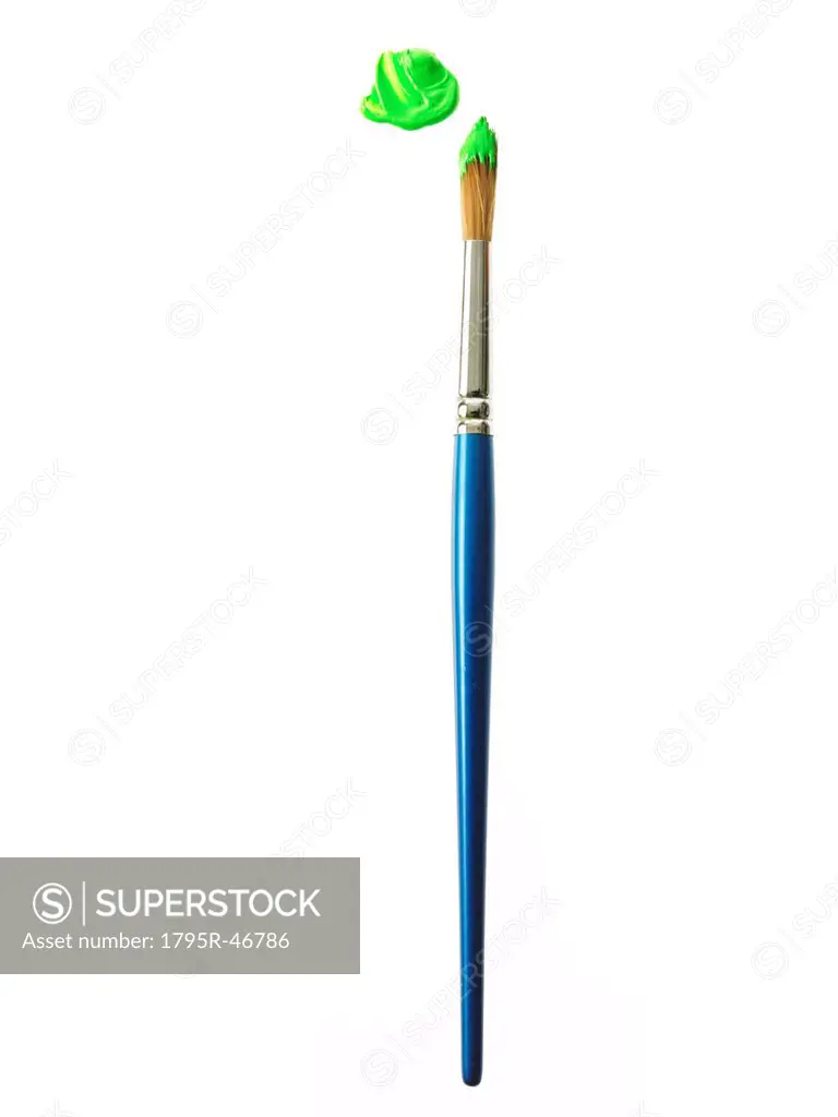 Blue paintbrush with green paint on white background