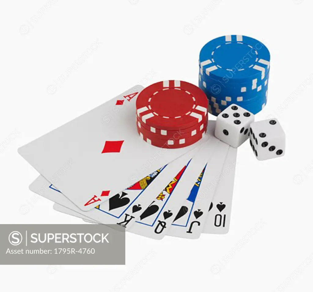 Studio shot of playing cards and poker chips