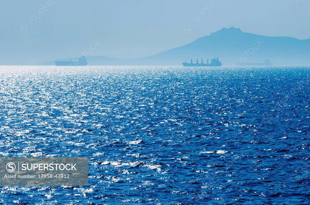 Greece, Oil tankers and cargo ships on Aegean Sea