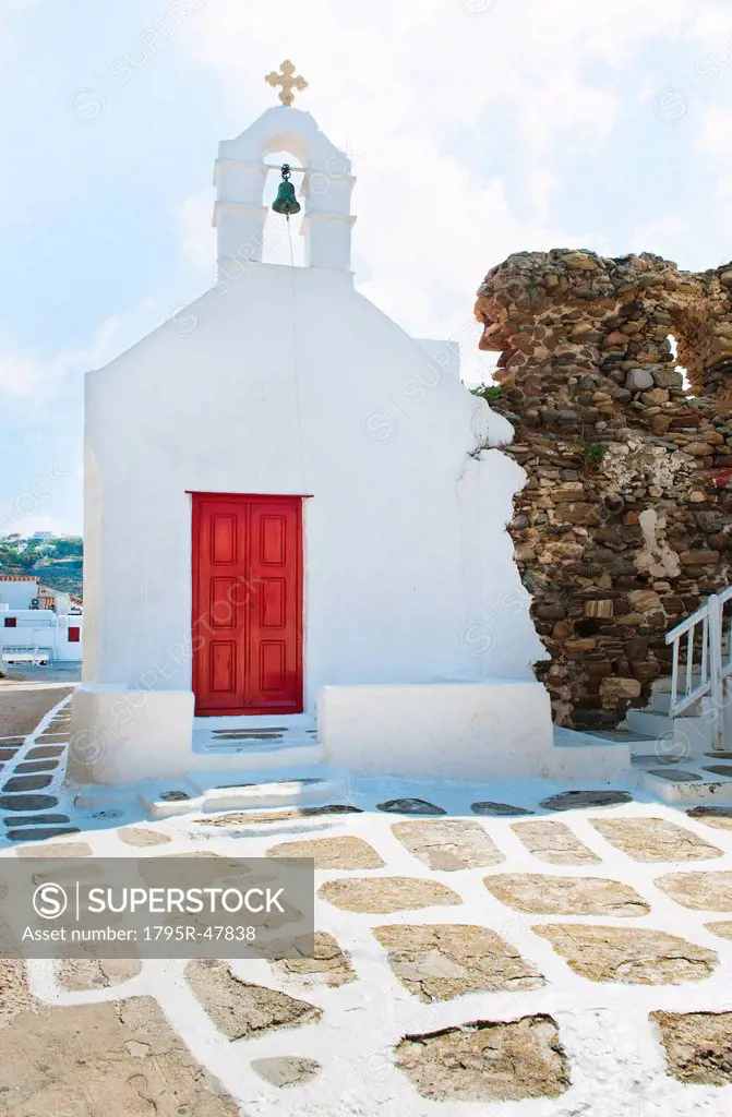 Greece, Cyclades Islands, Mykonos, Church with bell tower