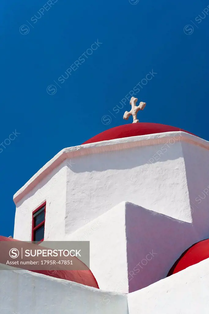 Greece, Cyclades Islands, Mykonos, Church roof with cross
