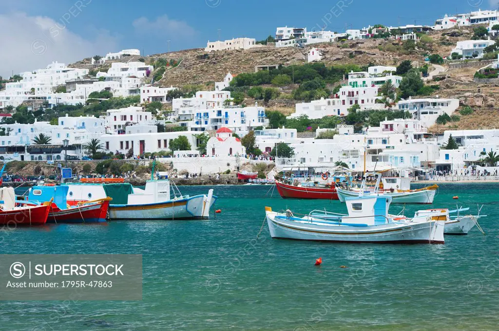 Greece, Cyclades Islands, Mykonos, Fishing boats in harbor