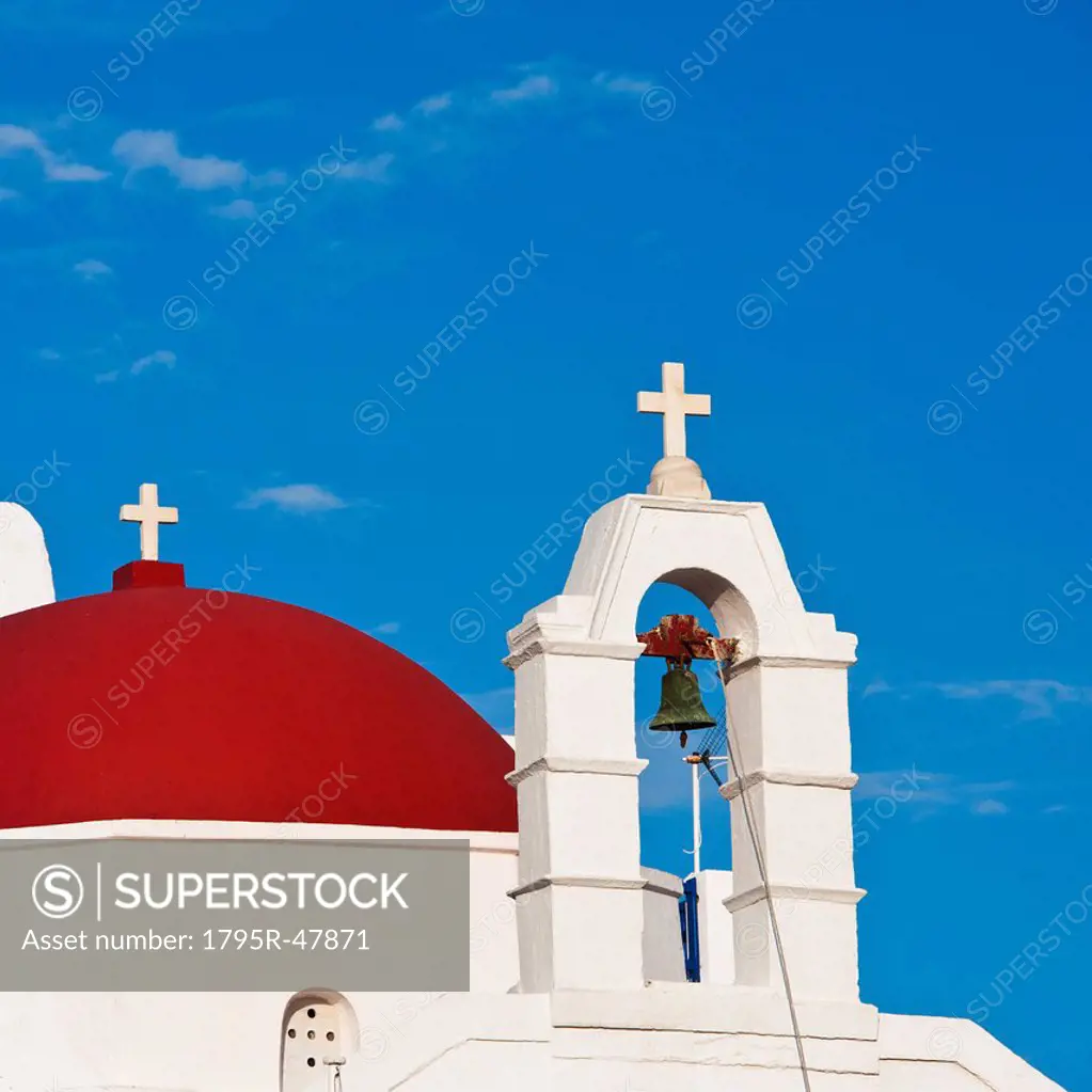 Greece, Cyclades Islands, Mykonos, Church with bell tower