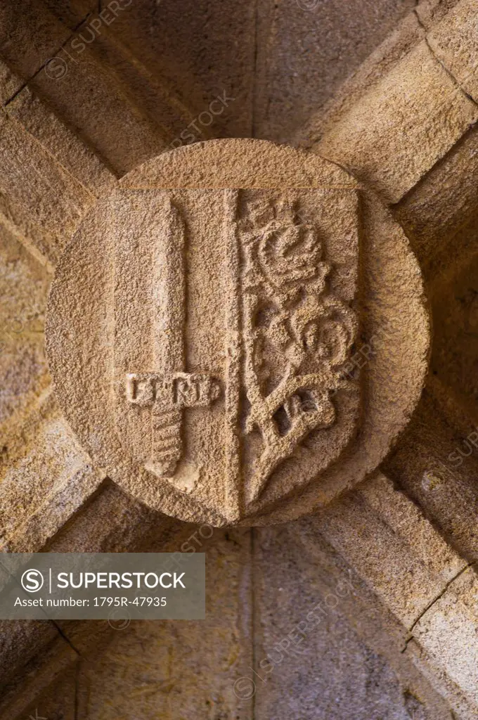 Greece, Rhodes, Stone shield on medieval fortified wall