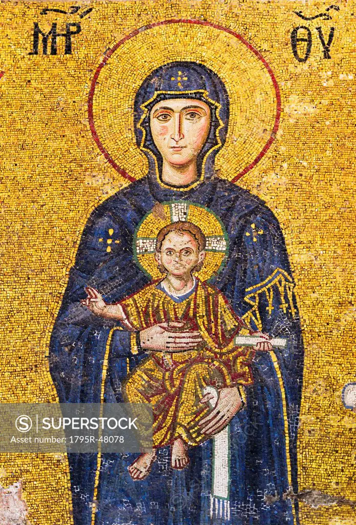 Turkey, Istanbul, Mosaic of Virgin mary holding Jesus in Haghia Sophia Mosque