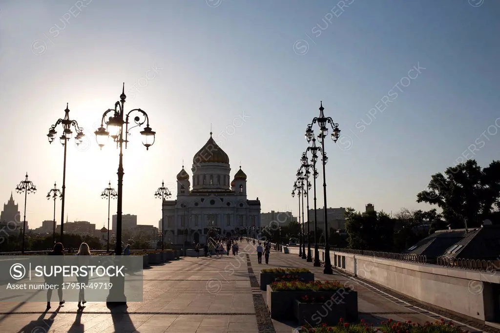 Russia, Moscow, Silhouette of Cathedral of Christ the Savior at sunset