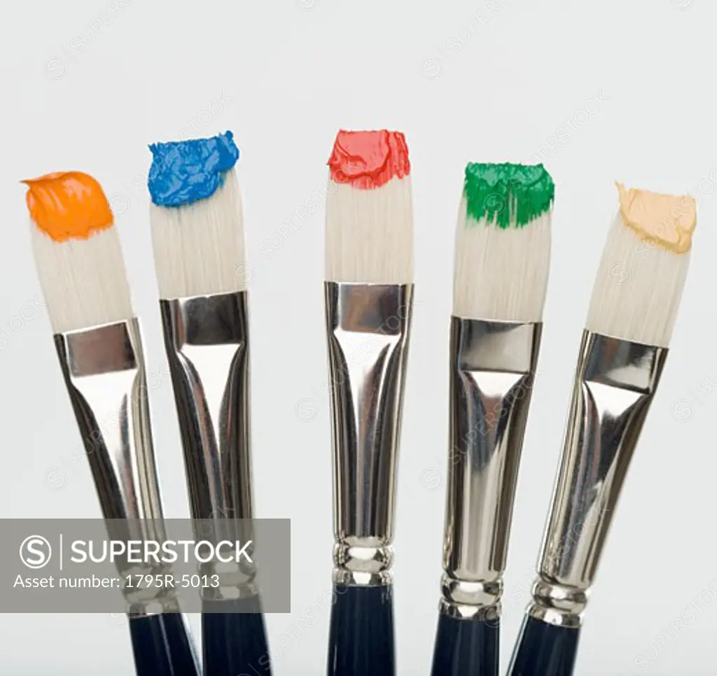 Close-up of paint brushes with paint on bristles