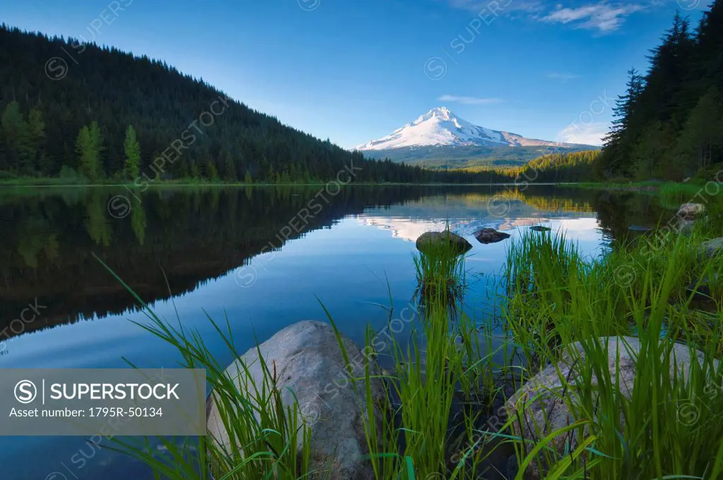 USA, Oregon, Clackamas County, View of Trillium Lake with Mt Hood in background