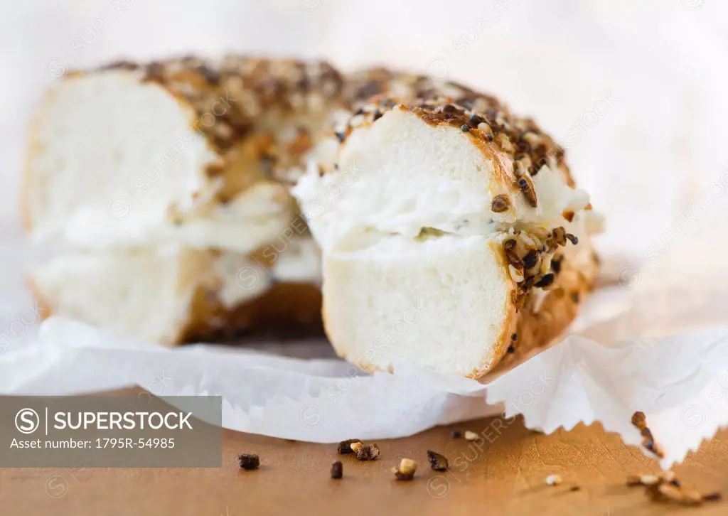 Close up of bagel with cream cheese