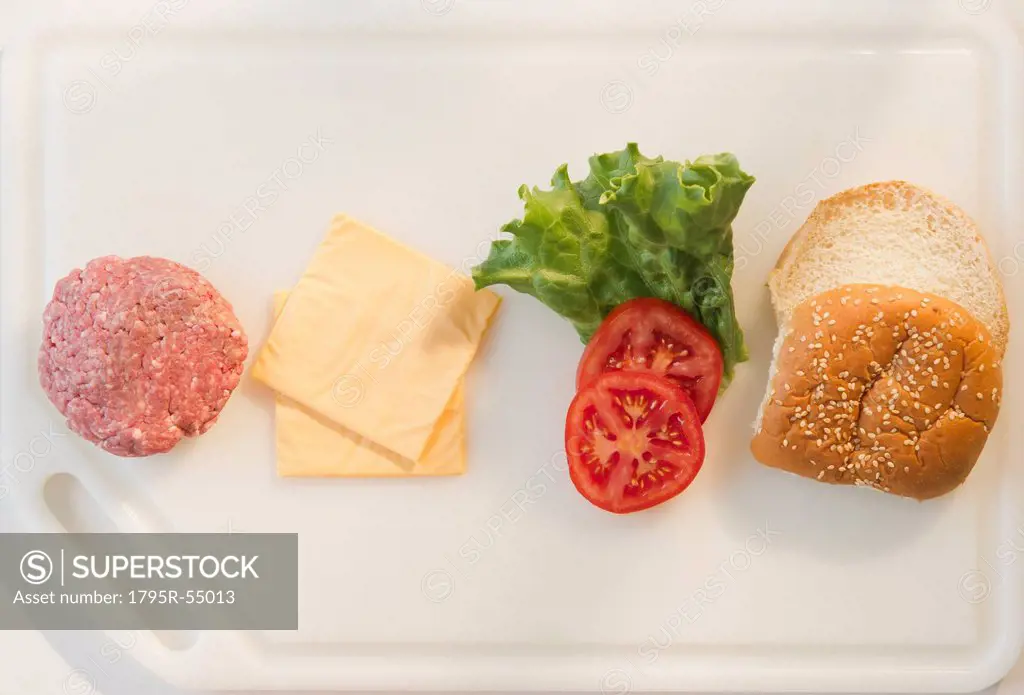 Close up of hamburger ingredients in row on tray