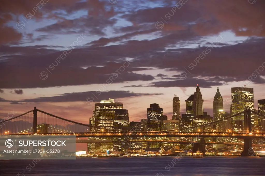 USA, New York State, New York City, Manhattan, Skyscrapers of Manhattan at dusk