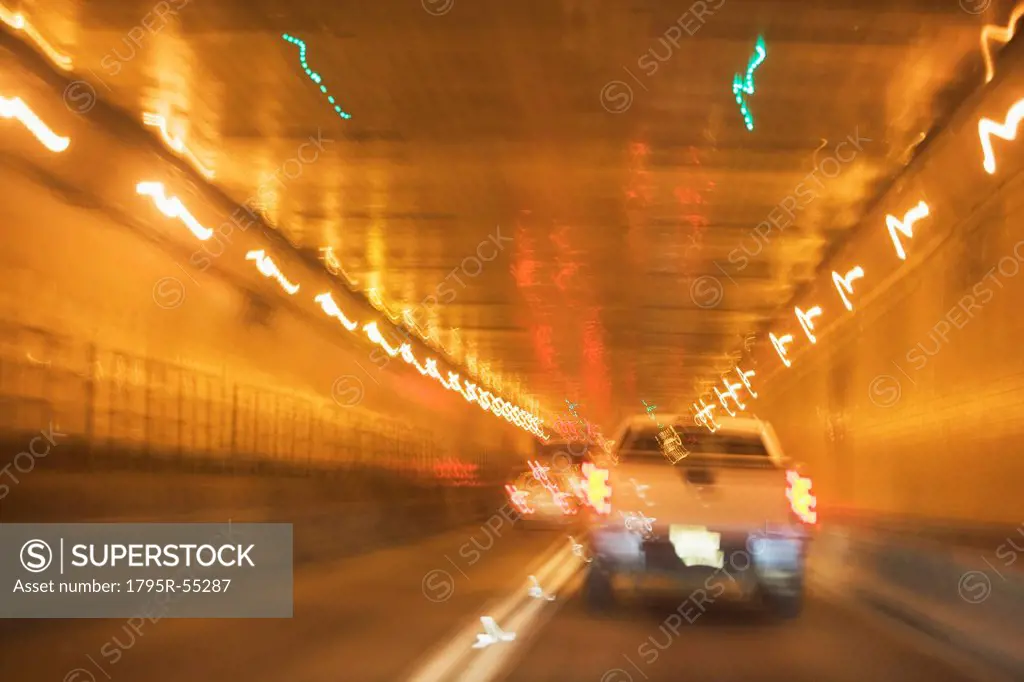 USA, New York State, New York City, Manhattan, Cars in tunnel, blurred motion