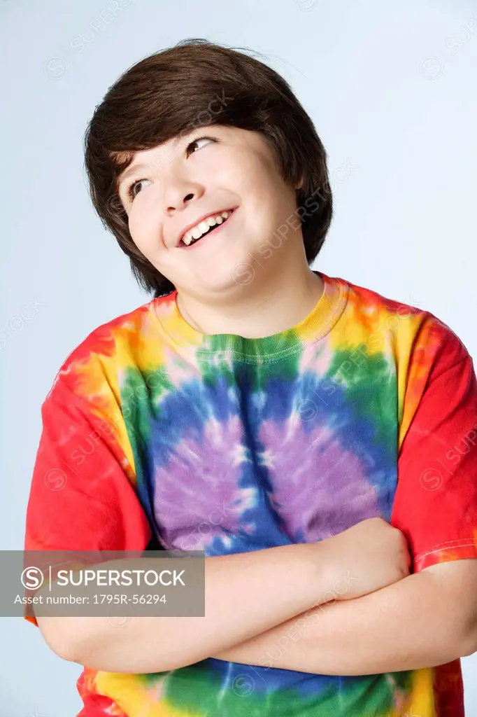 Studio portrait of boy 10_11 in colorful shirt