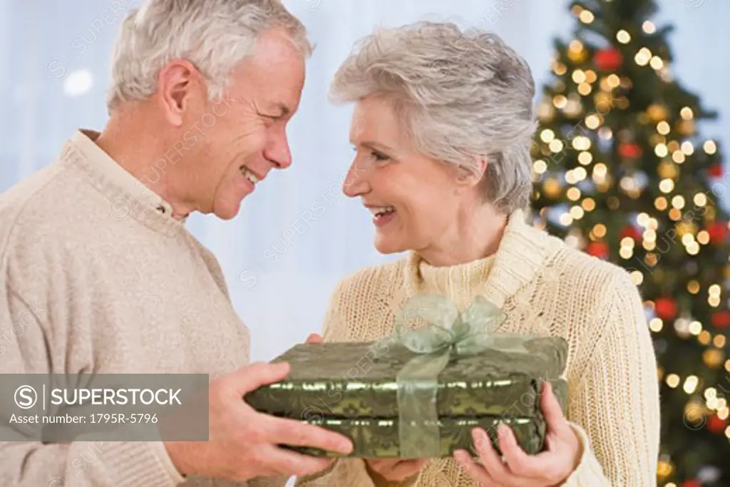 Senior couple holding Christmas gift