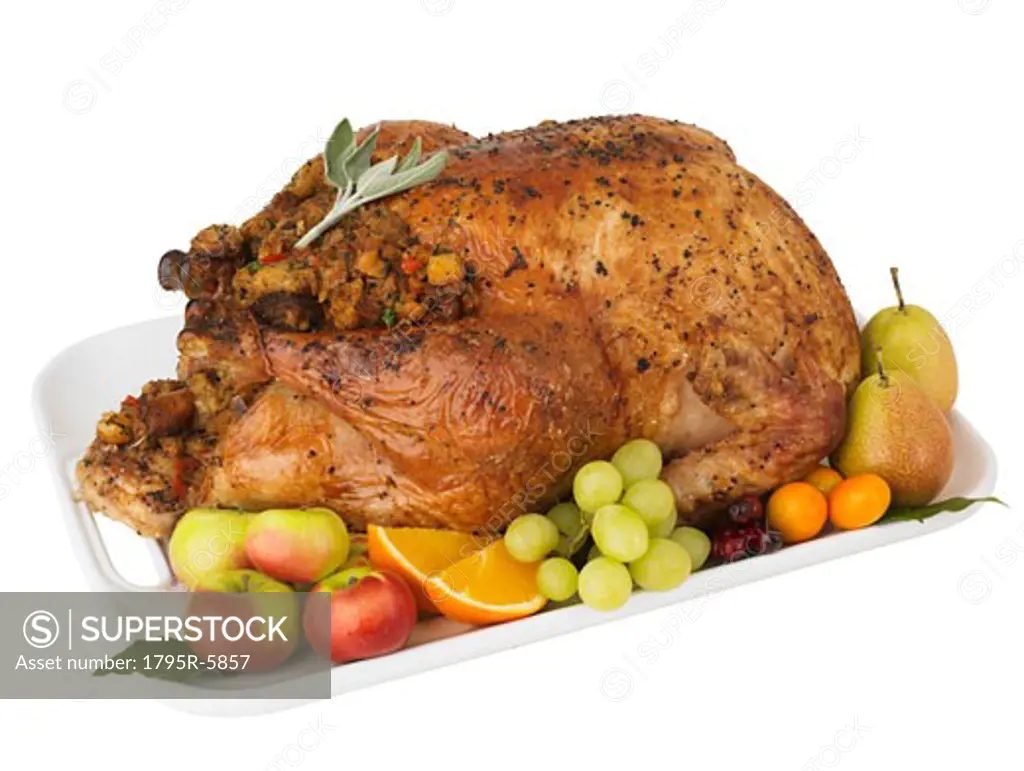 Roasted turkey and fruit on platter