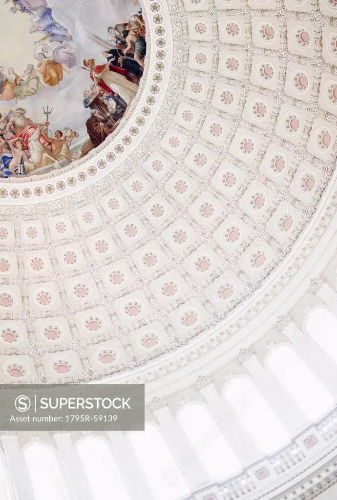 USA, Washington DC, Capitol Building, Close up of fresco and coffers on ceiling