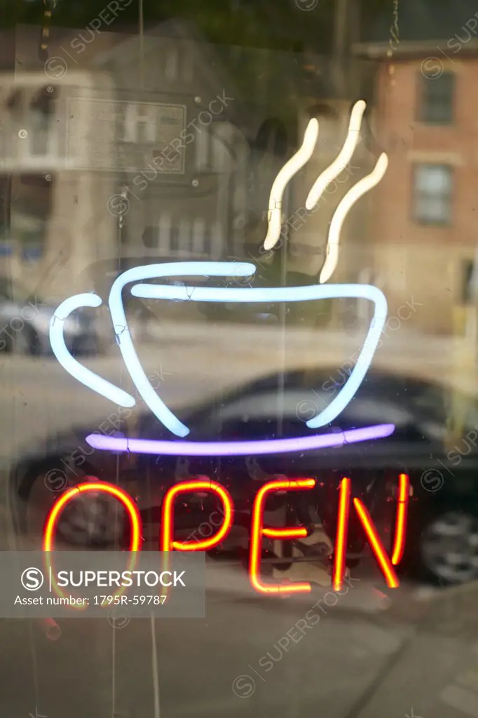 USA, New York State, Neon sign in cafe window