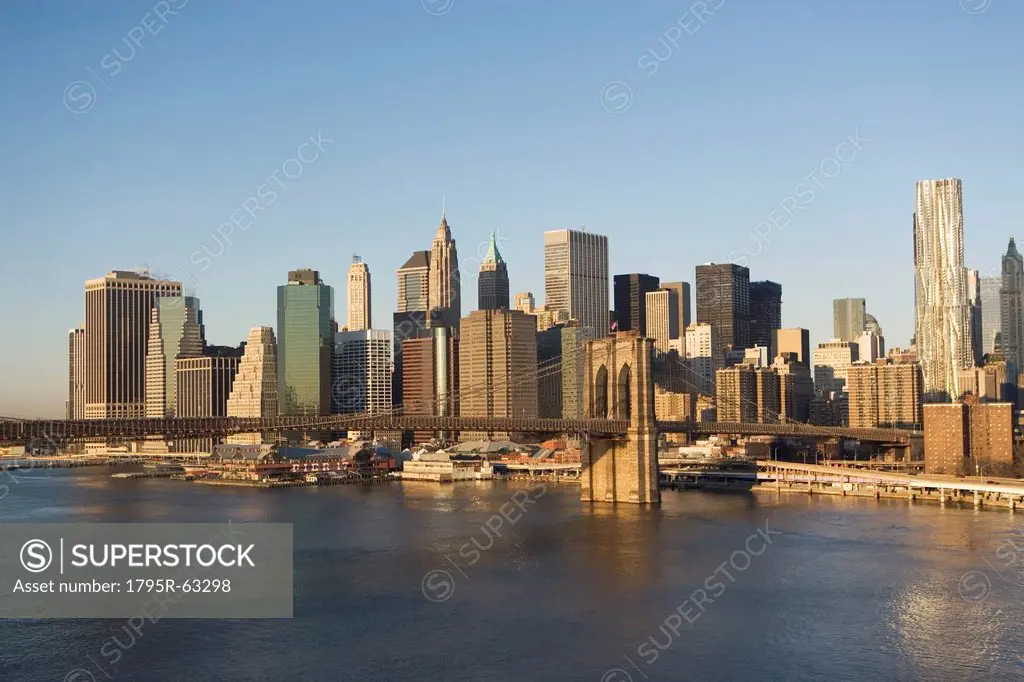 USA, New York State, New York City, Brooklyn Bridge with skyscrapers