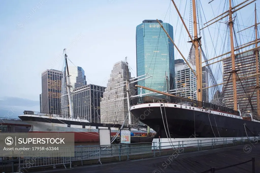USA, New York State, New York City, seaport museum with skyscrapers in background