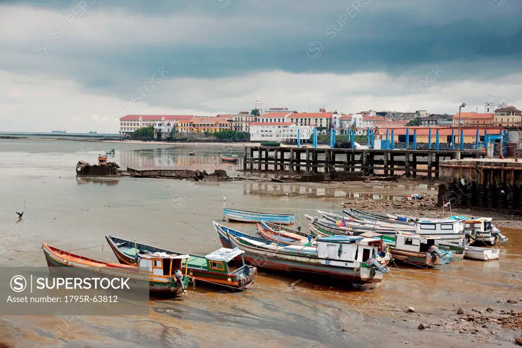 Panama, Panama City, Fishing boats on coastline at low tide