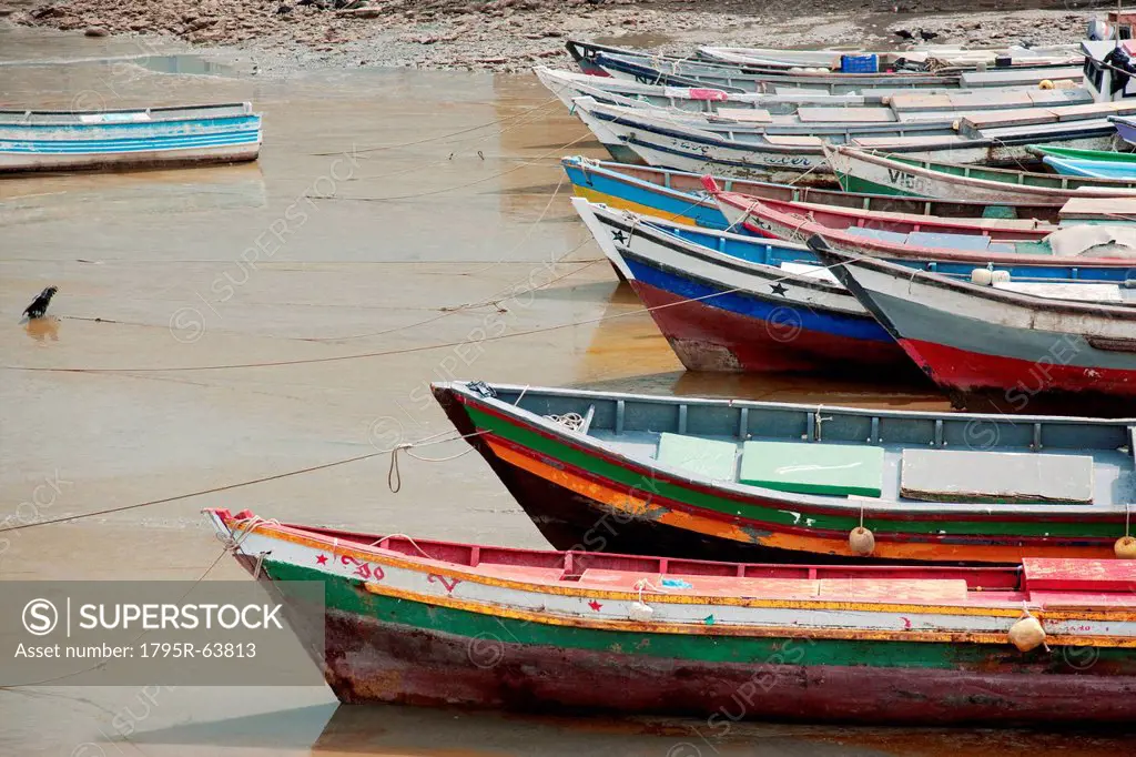 Panama, Panama City, Fishing boats on coastline at low tide
