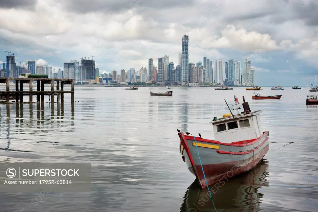 Panama, Panama City, Fishing boat with skyline in background