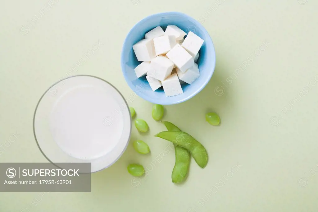 Tofu, soy milk and edamame, studio shot