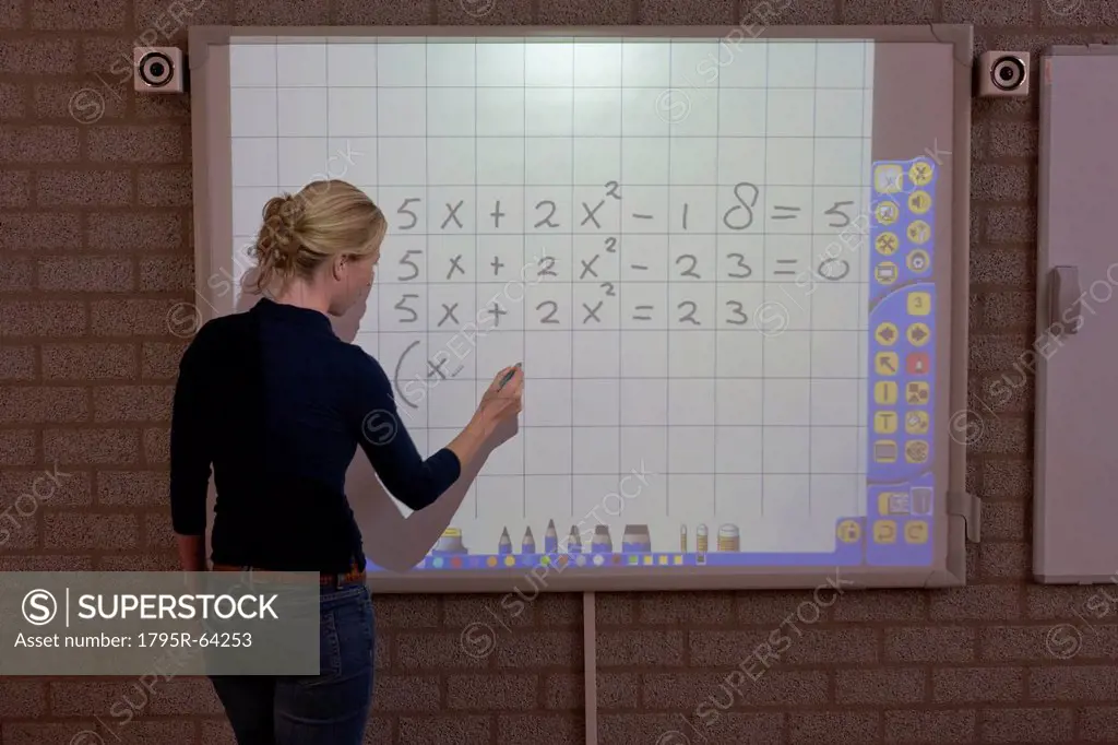 Teacher giving instructions at digital board