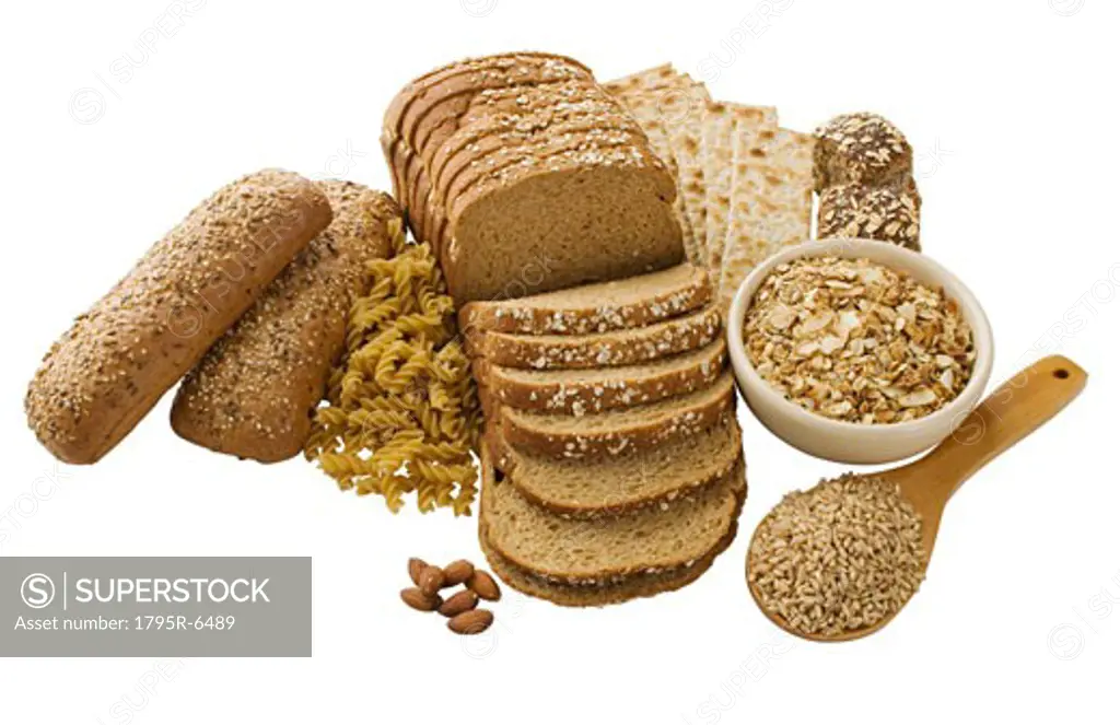 Close-up of assorted grains and bread