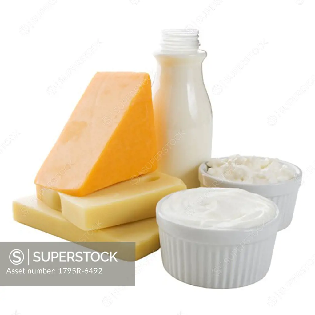 Close-up of milk, cheese and dairy products