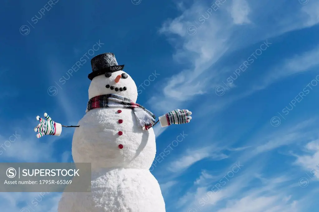 Snowman under blue sky