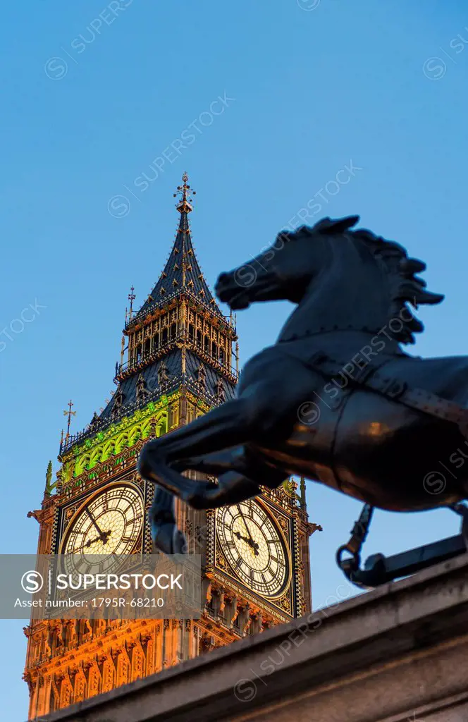 UK, England, London, Big Ben and Boadicea Statue at dusk