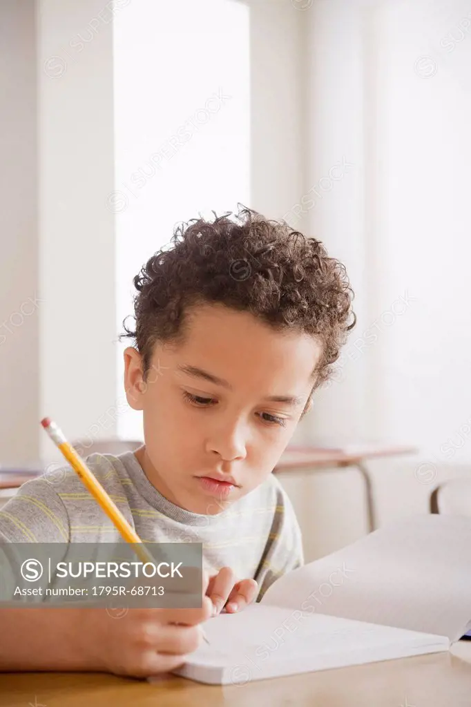 Schoolboy writing in notebook