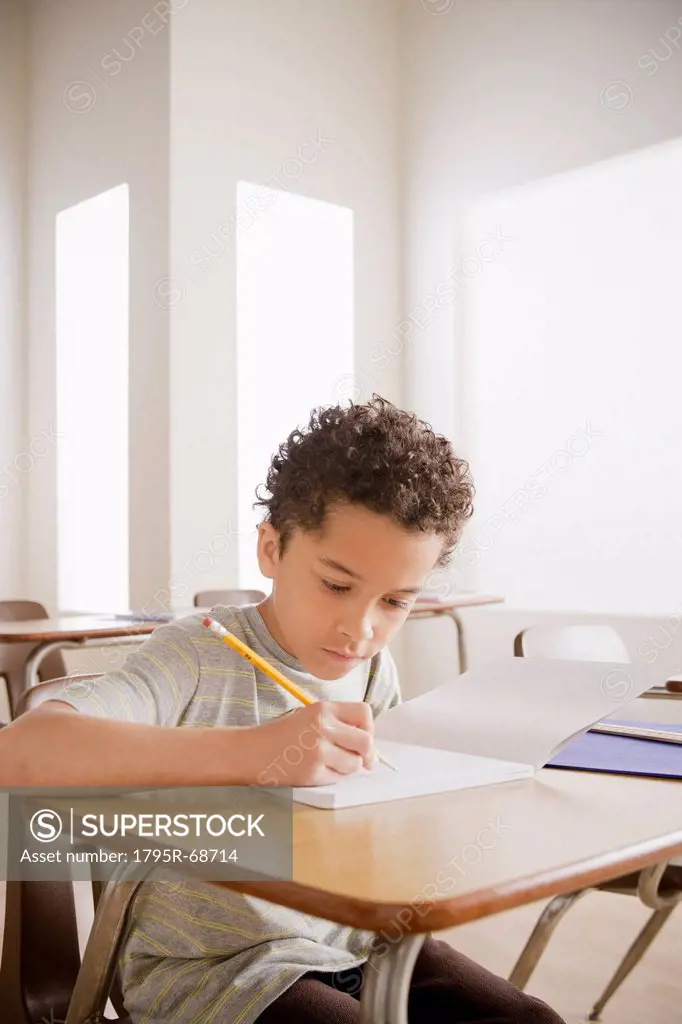 Schoolboy writing in notebook