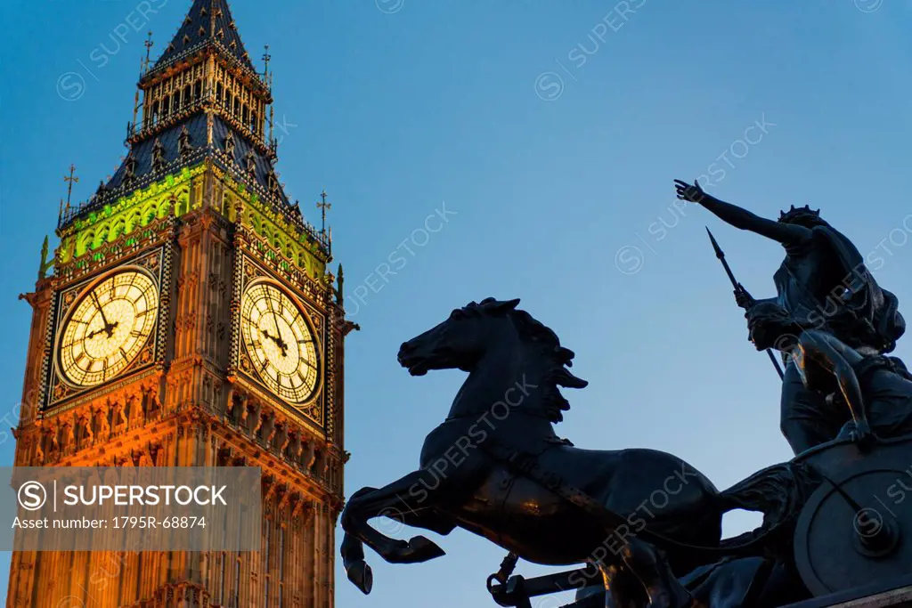 UK, England, London, Big Ben and Boadicea Statue at dusk