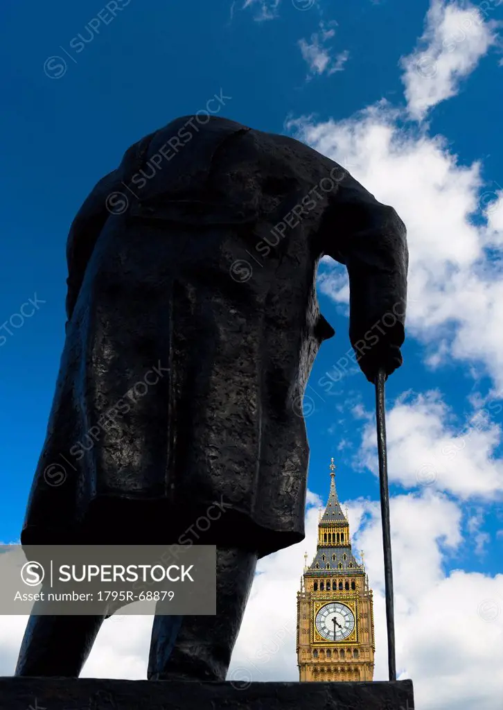 UK, England, London, Winston Churchill statue and Big Ben