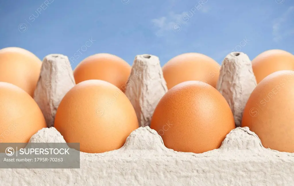 Eggs in carton against blue sky