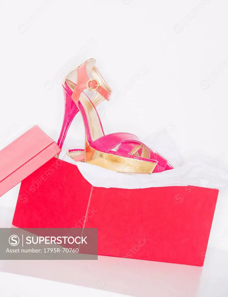 Studio shot of dress shoe in pink shoe box