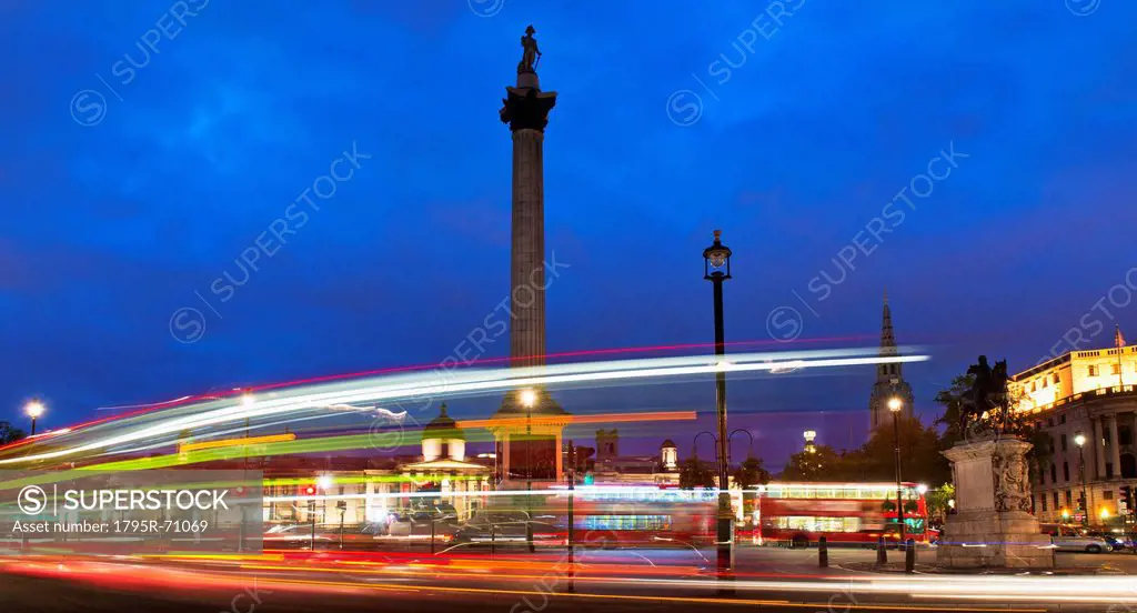 UK, London, Trafalgar Square with light trails