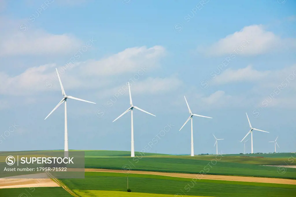 France, Rocroi, Wind turbines on fields