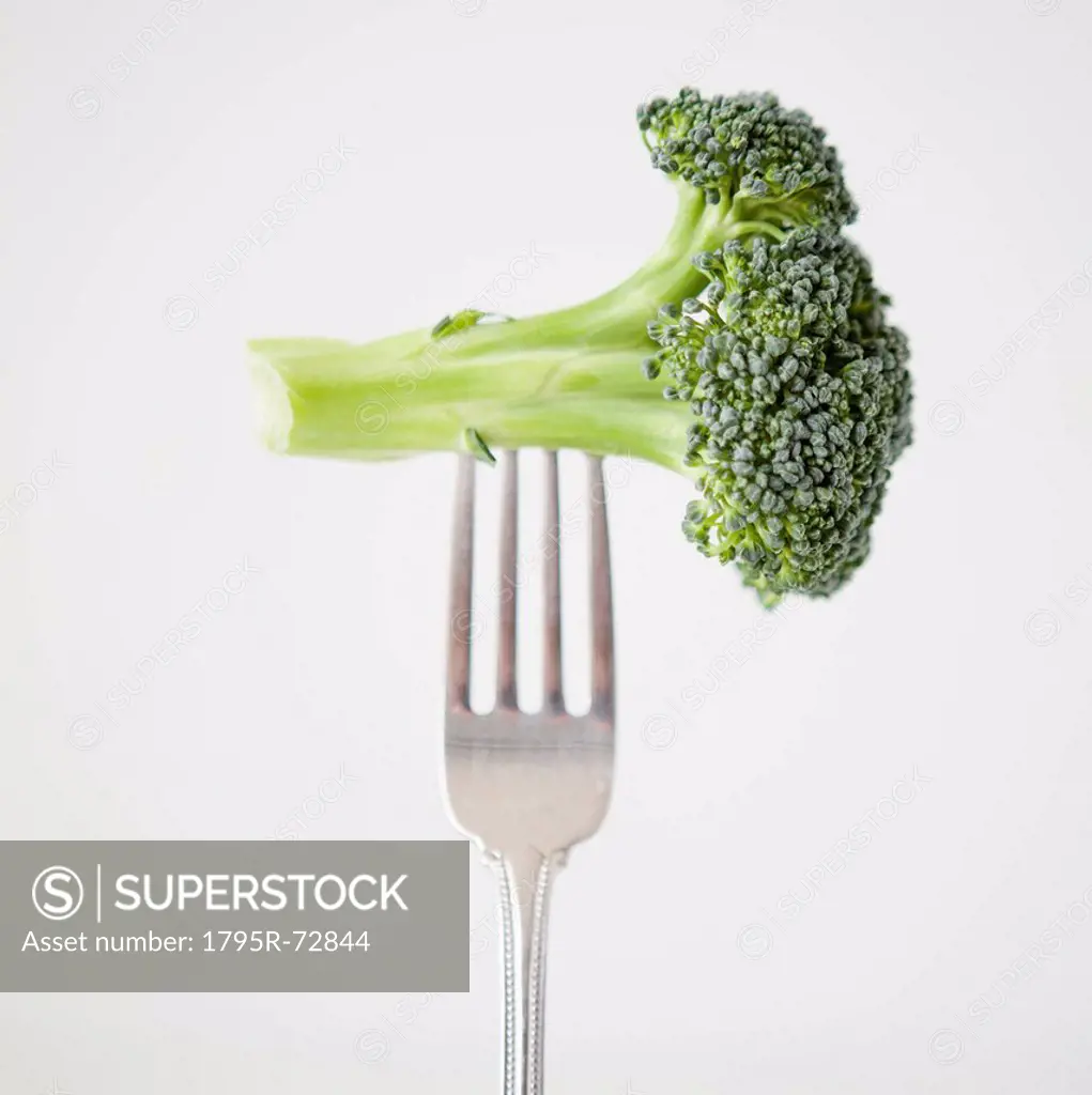 Broccoli on fork, studio shot