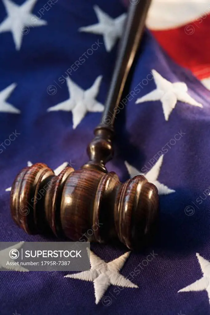 Judge's gavel on American flag