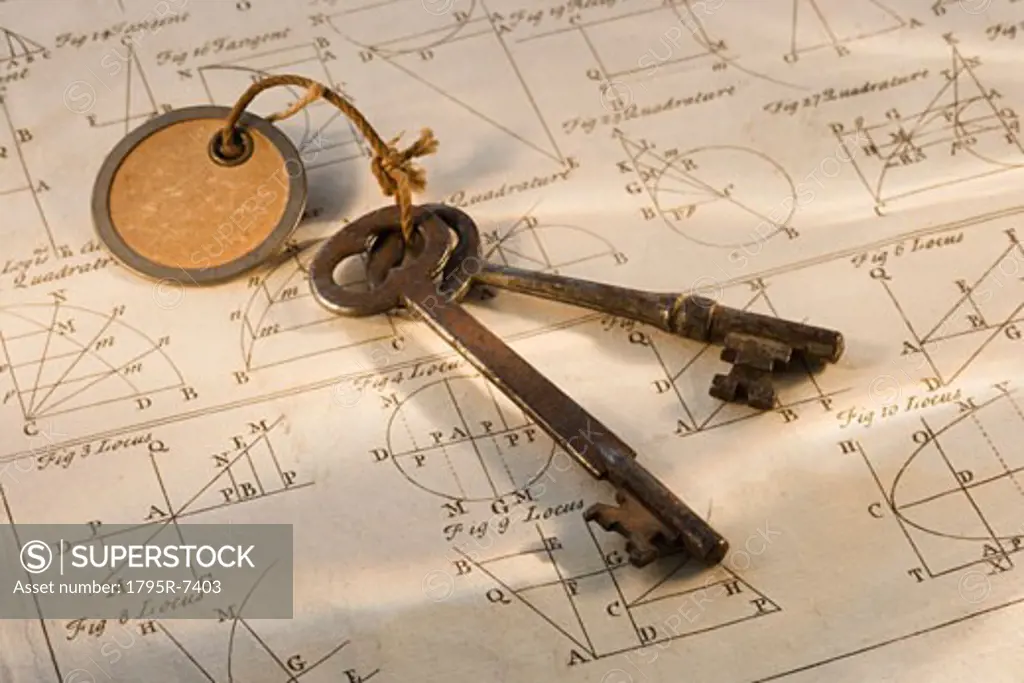 Old fashioned keys on sheet of geometry