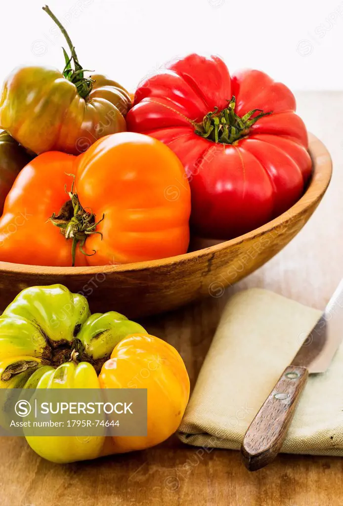Heirloom tomatoes on kitchen table