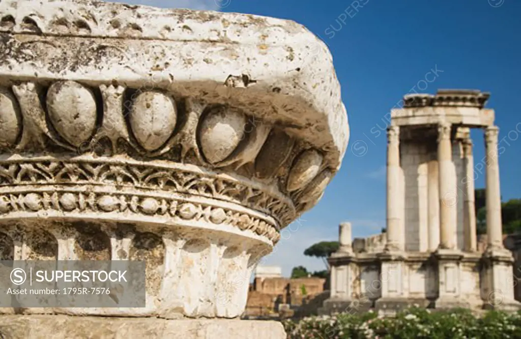 Roman column with Temple of Vesta in background, Roman Forum, Italy