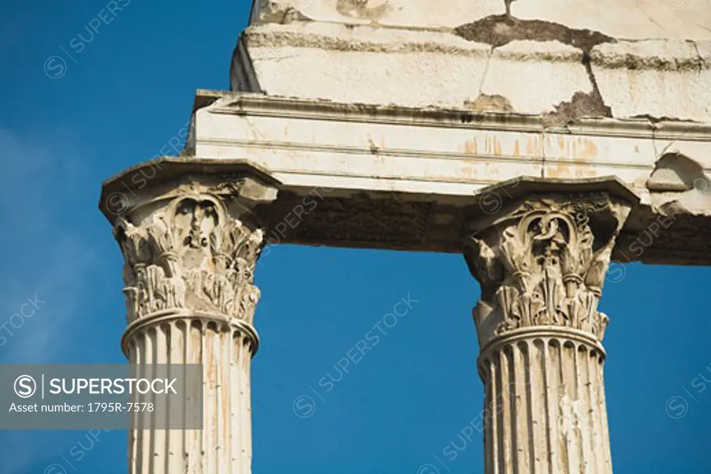 Low angle view of Corinthian columns, Temple of Castor and Pollux, Roman Forum, Italy