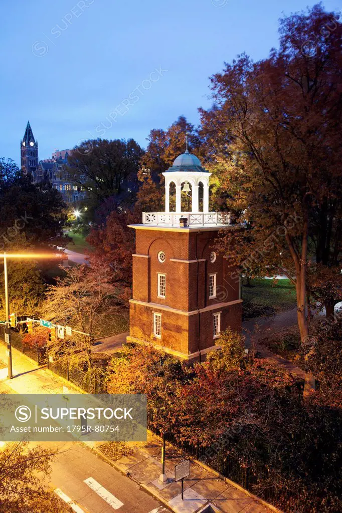 Elevated view of clock tower at evening