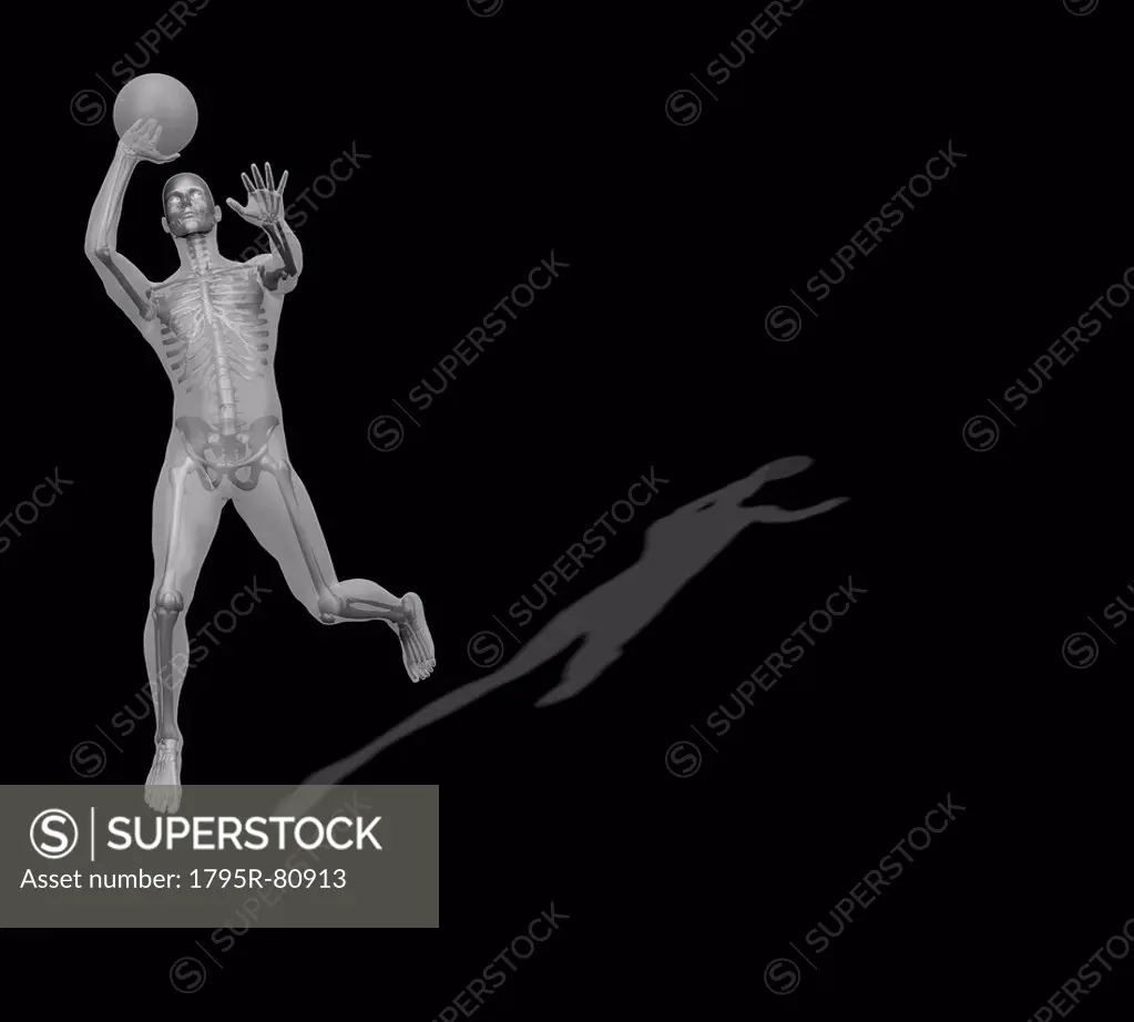 Human skeleton playing basketball